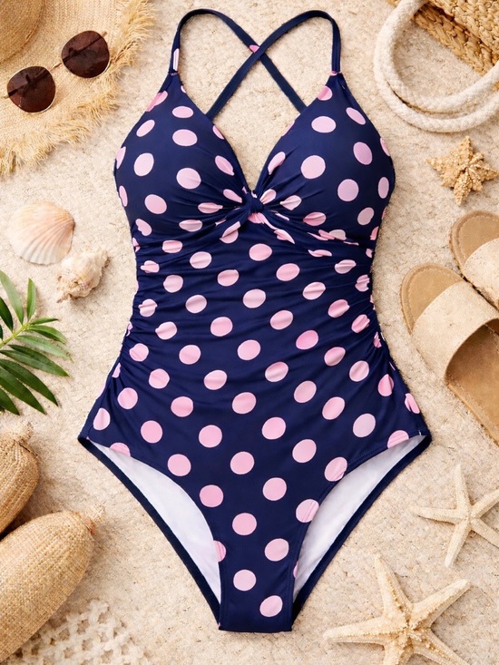 Chamela Polka Dot Plunge One Piece Cheeky Swimsuit NWT - Picture 4 of 9